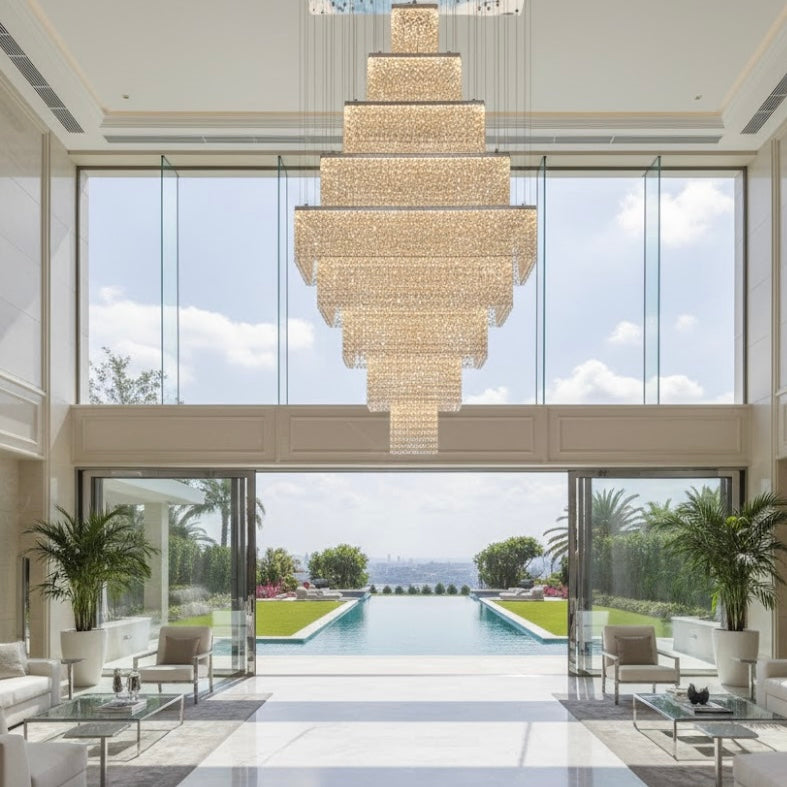 Luxury vertical LED staircase chandelier for high ceilings