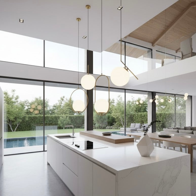 Orbital Gem modern geometric LED pendant light with oval and circular forms