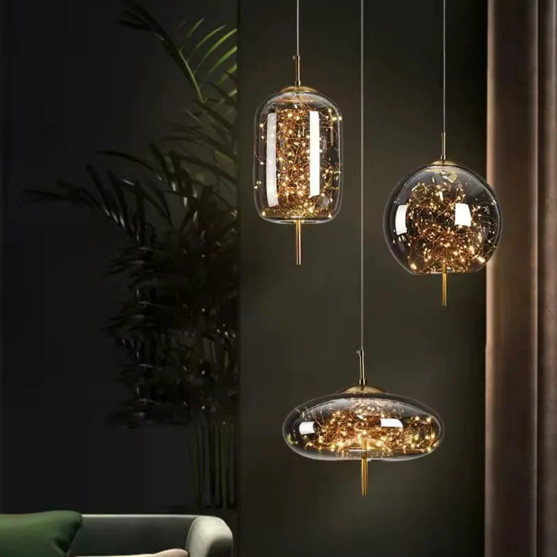 Aurora Glass sculptural LED glass pendant lights with varied shapes